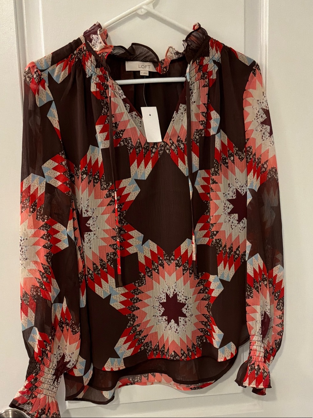 LOFT Patchwork Tie-Neck Blouse